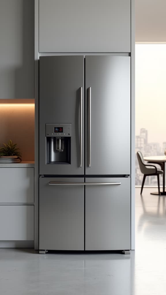 luxury appliance repair technician inspecting refrigerator in a modern kitchen