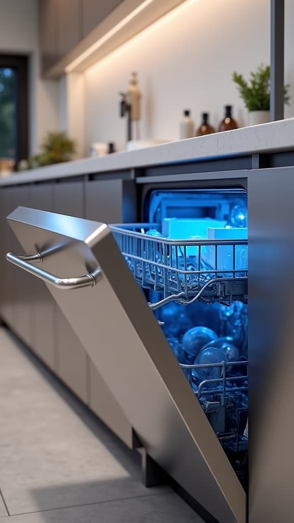 technician repairing a dishwasher in a modern kitchen